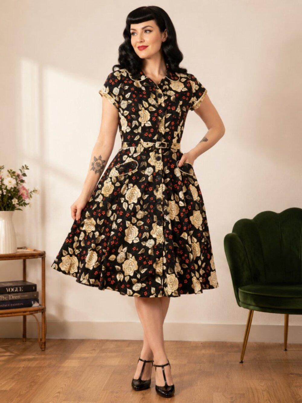 Voodoo Vixen Rose Floral 1940s Shirt Dress